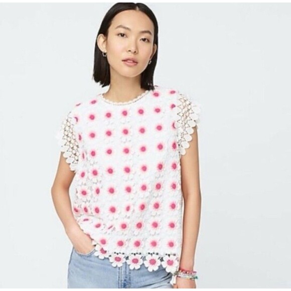J. Crew Tops - J Crew White Coral Pink Floral Crochet Short Sleeve Blouse Small Spring Easter